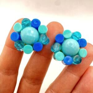 Vintage WEST GERMANY Multi Blue Lucite Bead Chunky Cluster Earrings Clip On